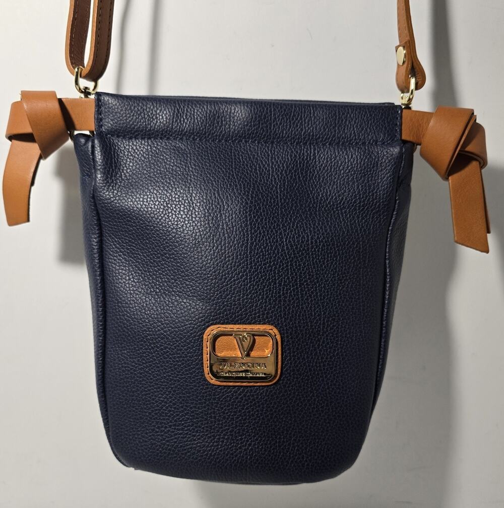 Valentina Leather Crossbody Lanza Bag Made in Italy Purse Soft Navy Blue/Cognac